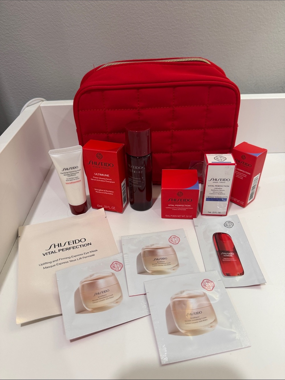 Shiseido 12-piece Skincare Set with Red Quilted Pouch, NWT
